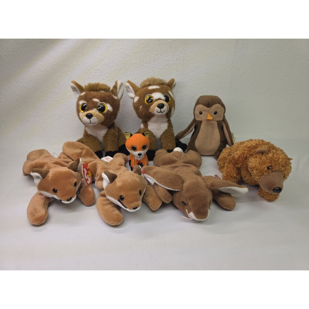 Woodland Themed Beanie Babies Set Of 8 Deer, Owl, Rabbit, Bear, Fox